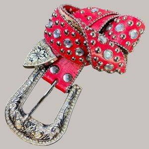 Cowgirl Glam S Leather Rhinestone Studded Belt Red Rivets Silver